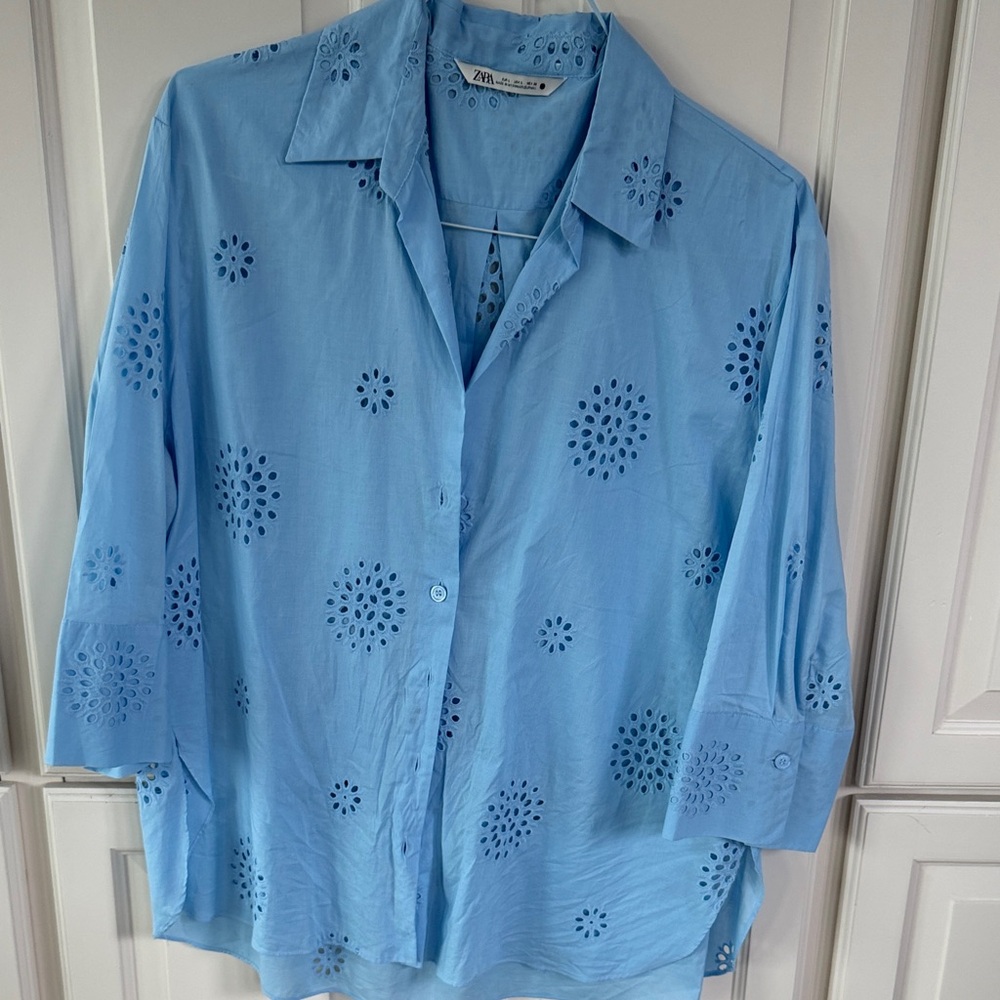 Zara Blue Eyelet Button Down Shirt